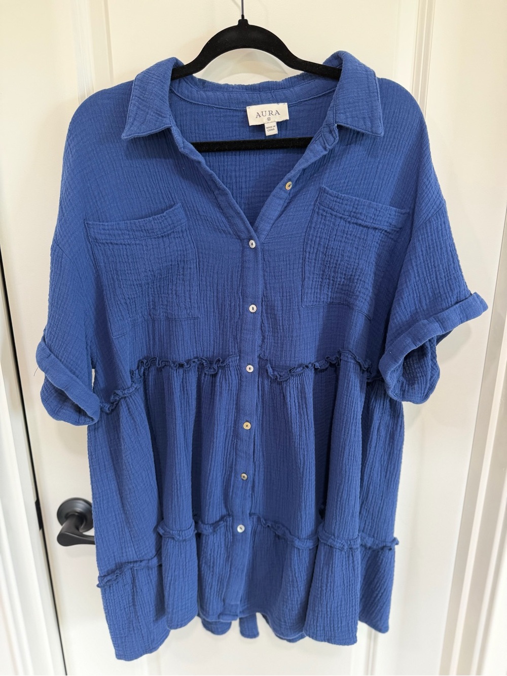 Aura Cobalt Blue Crinkle Button-Front dress